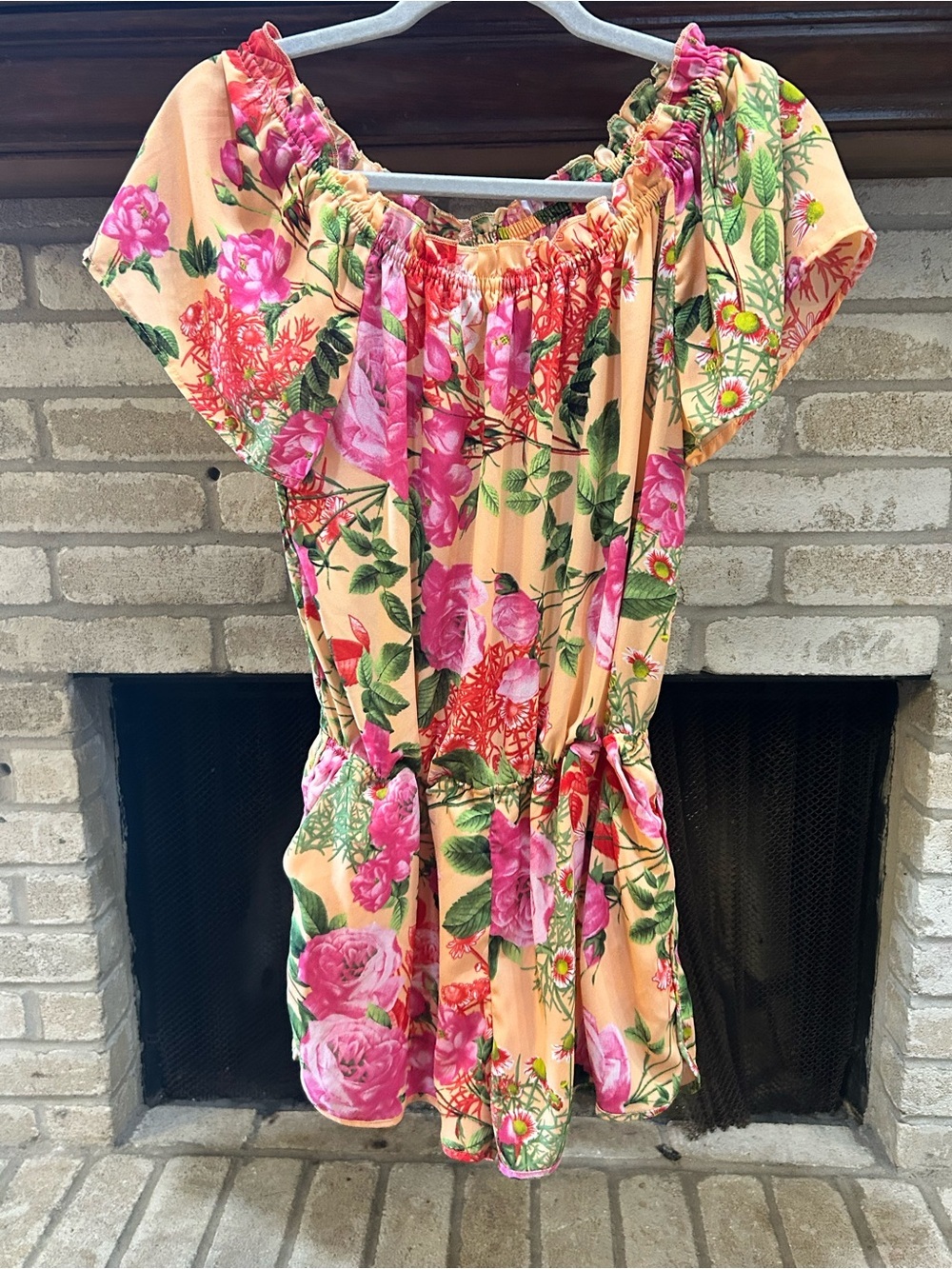 Smell the Roses Floral Off-Shoulder Women's Top in Peach with Pink Roses